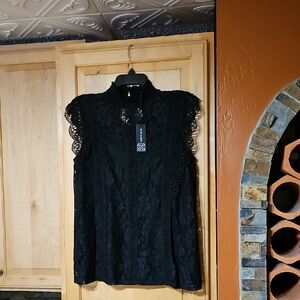 Cable & Gauge Black Floral Lace Sleeveless Mock Neck Tank Top NWT